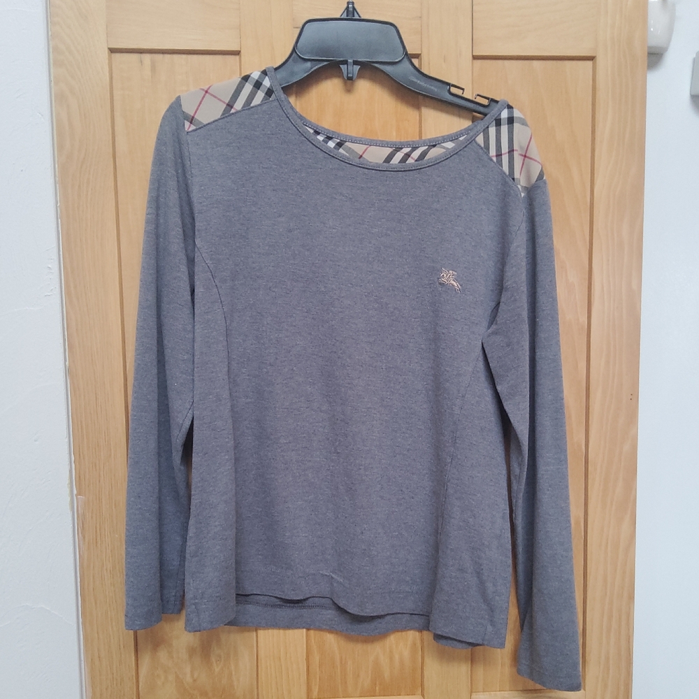 Burberry Gray Top with Plaid Shoulder Detail